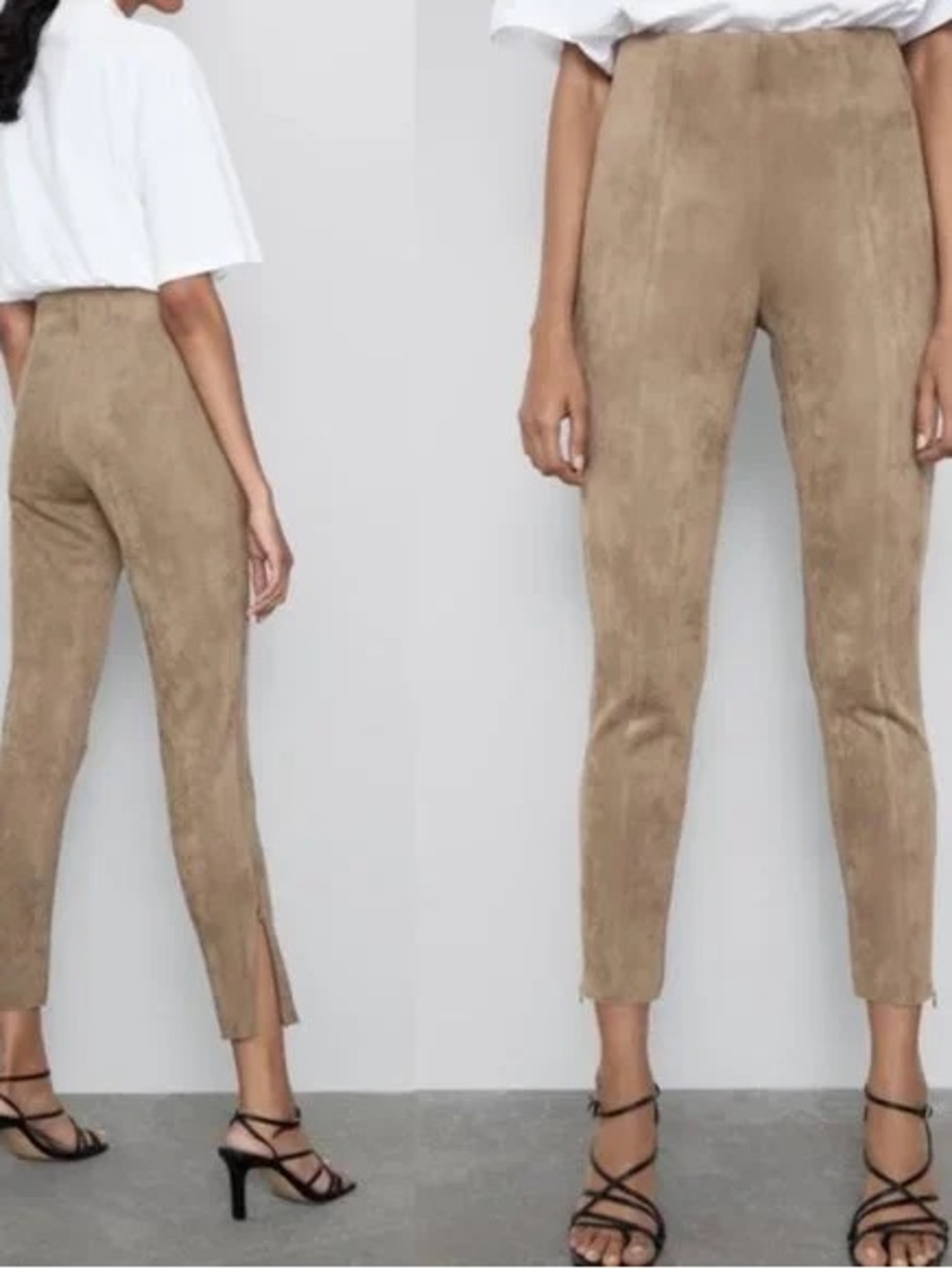 High-Waist Tan Suede Slim Pants M